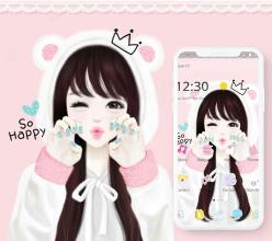 Pink Lovely Girl White Bear Hat Theme APK Download for Android